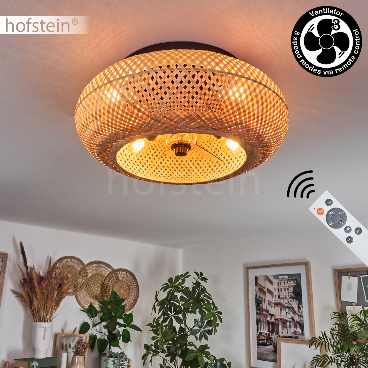 Wohn Schlaf Zimmer Raum Flur Leuchte Bambus Lichteffekt Decken Ventilator  Lampe | eBay.de